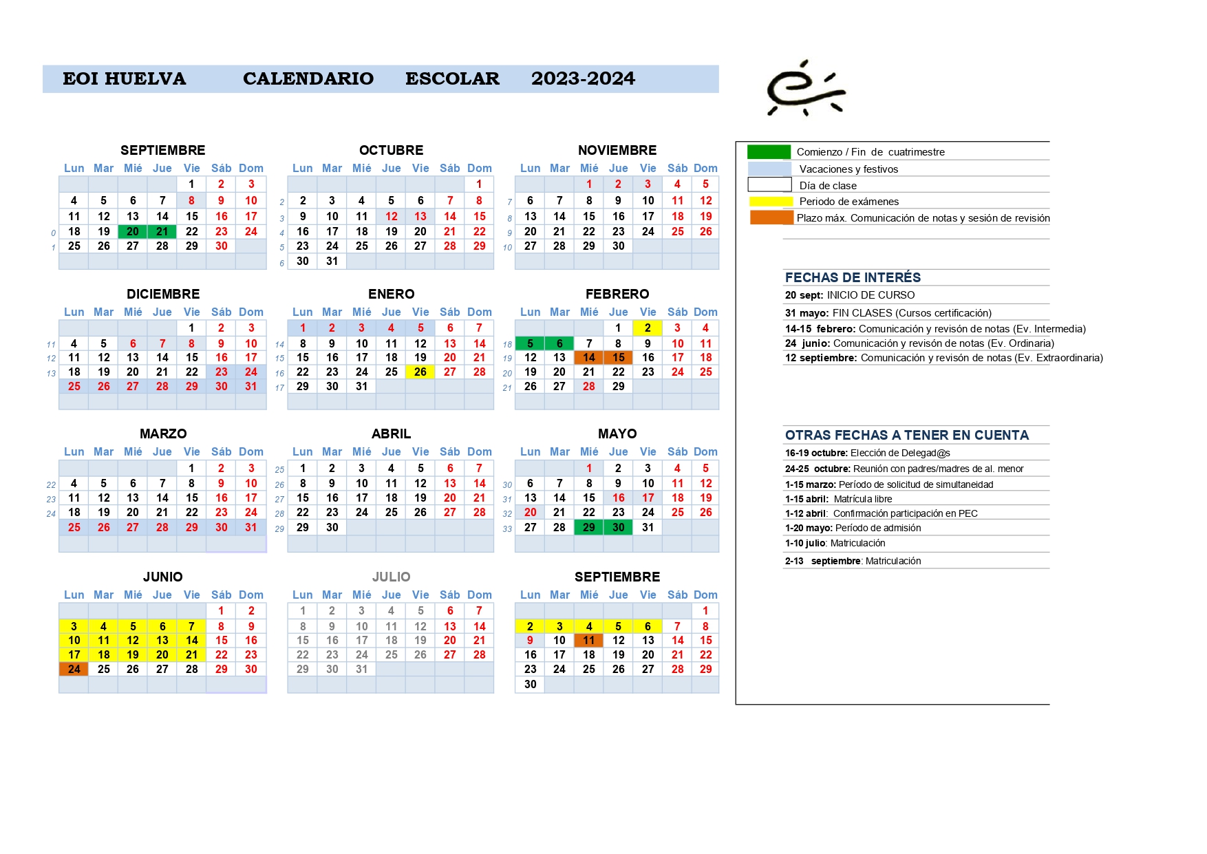 Calendario escolar EOI Huelva 23-24